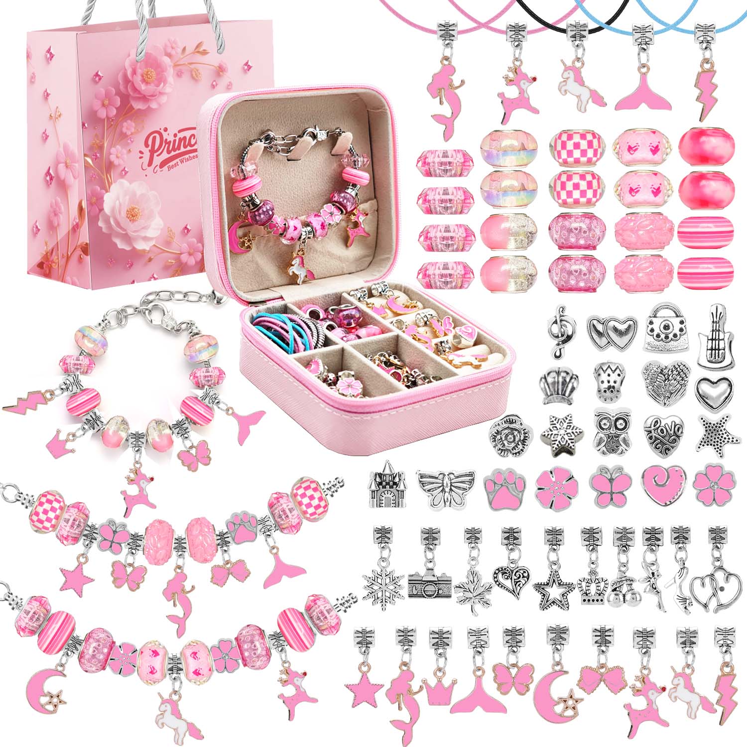 Jewelry Making Soldering Kit - 68pcs pink beaded jewelry set, charm