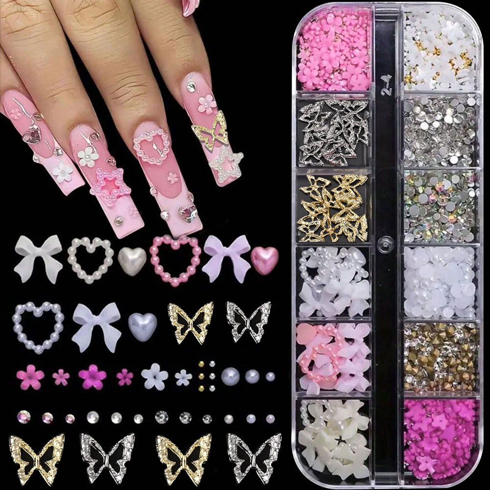 12Grid Pink White Bow Nail Art - Crystal Bead Mix reseña y precio