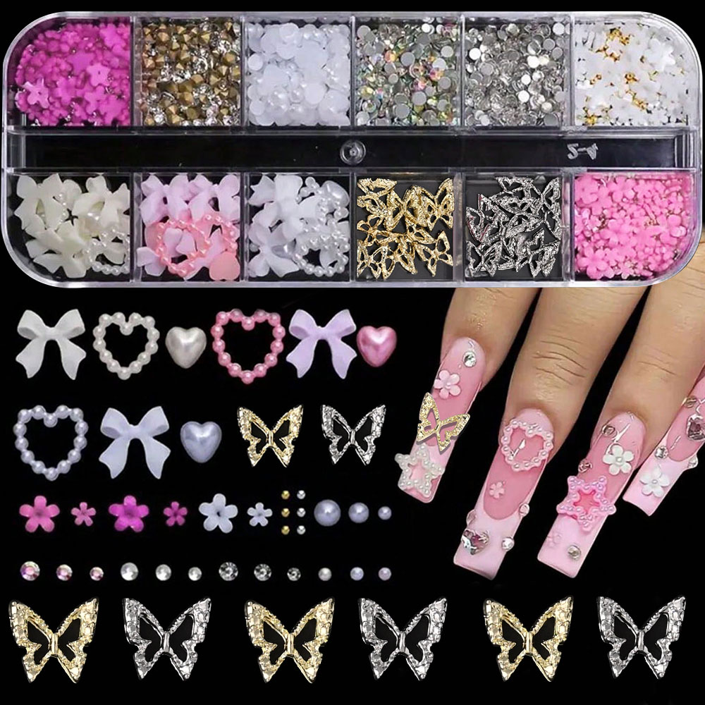 12Grid Pink White Bow Nail Art - Crystal Bead Mix reseña y precio