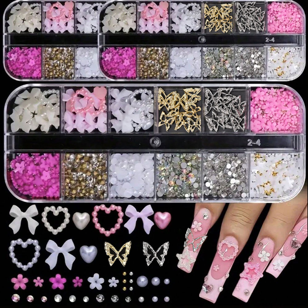 12Grid Pink White Bow Nail Art - Crystal Bead Mix reseña y precio